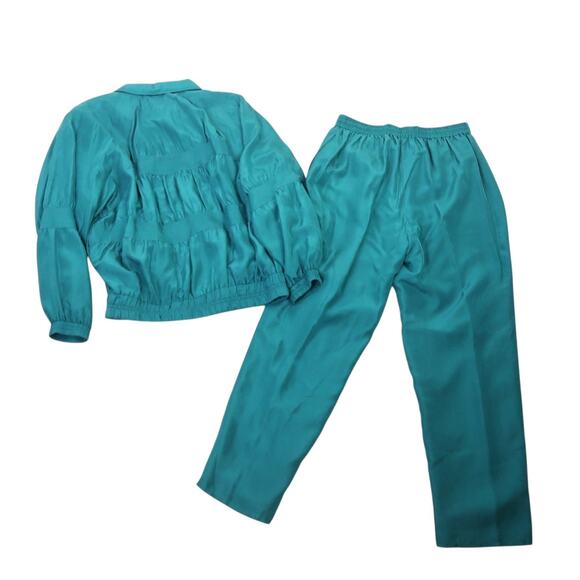 Vintage 90s Chili Pepper Teal Green Ruched Silk Track Suit Set L - Picture 5 of 7